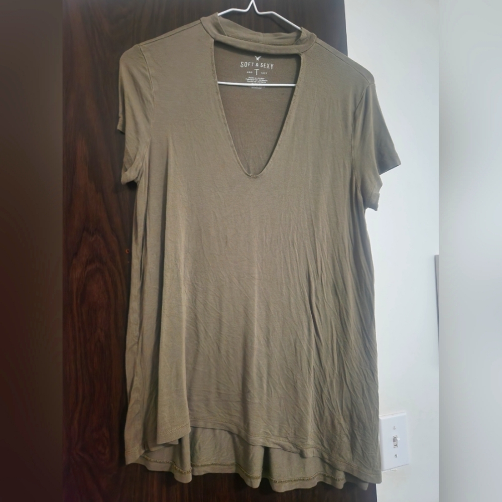 American Eagle Outfitters Khaki V-Neck Tee